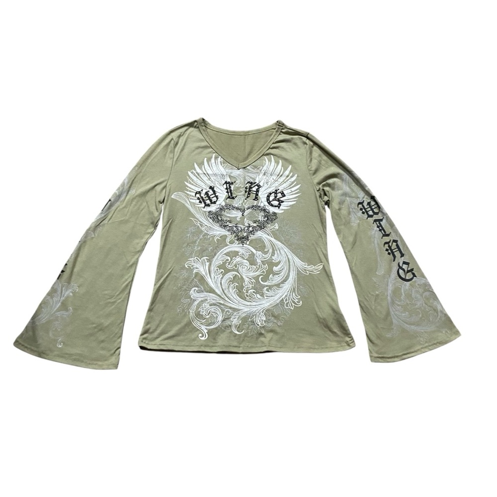 ROMWE SHEIN NWOT Green Bell Sleeve Fairycore Whichcore Long Sleeve Top Sz L 8/10